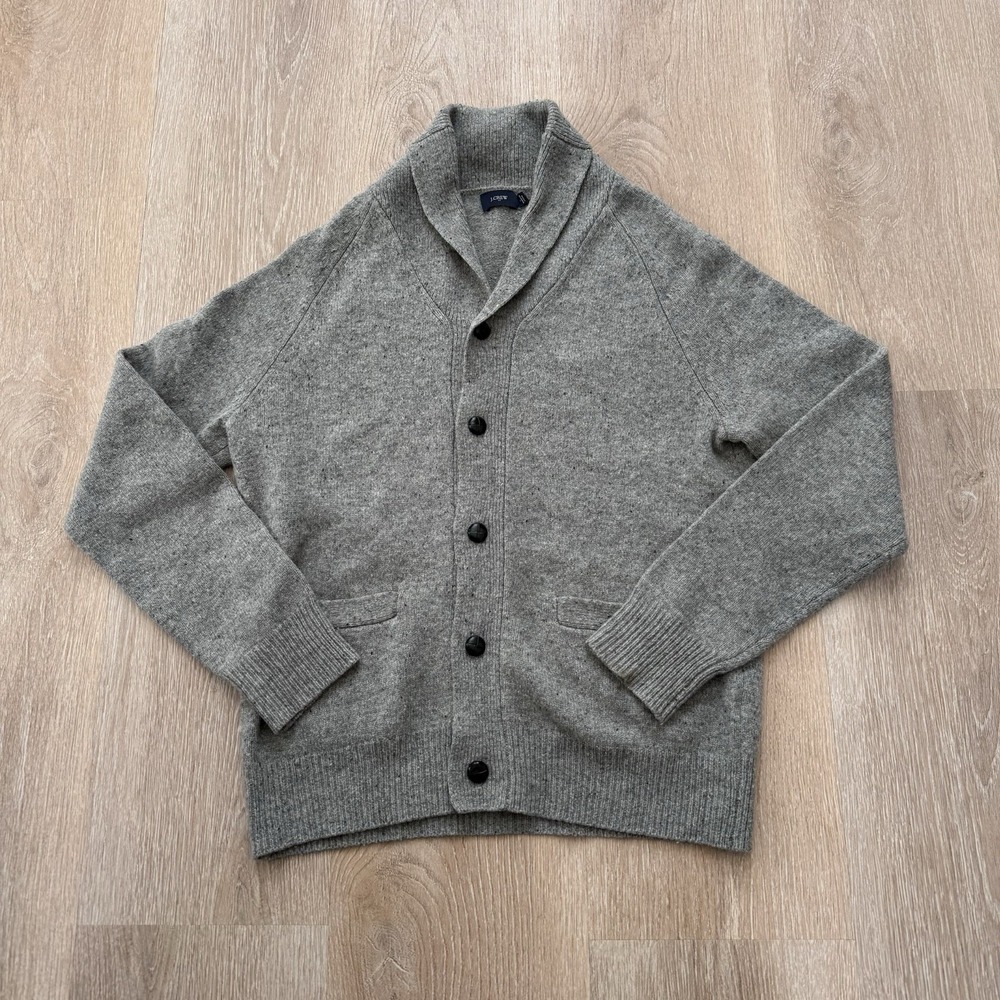 J Crew Sweater Mens Medium Gray Shawl Collar‎ Lambswool Cardigan Button Front